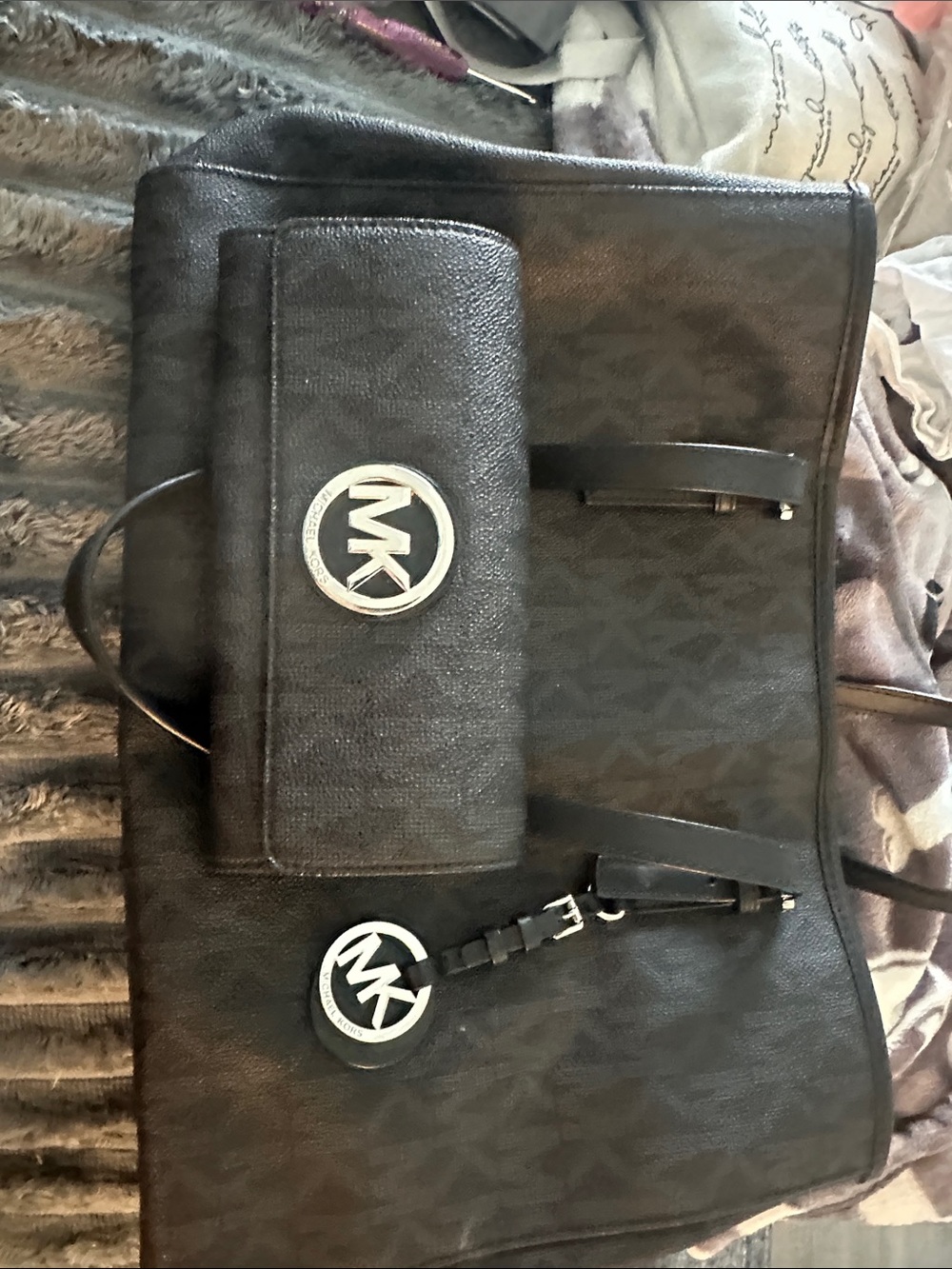 Michael Kors Black Logo Tote with Matching Wallet and MK Charm